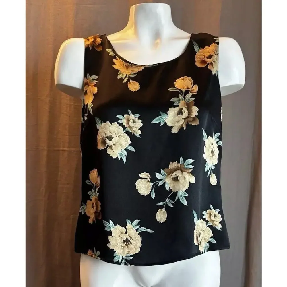 Kate Hill Silk Top Satin Black Tank Sleeveless Size 8 Floral Roses